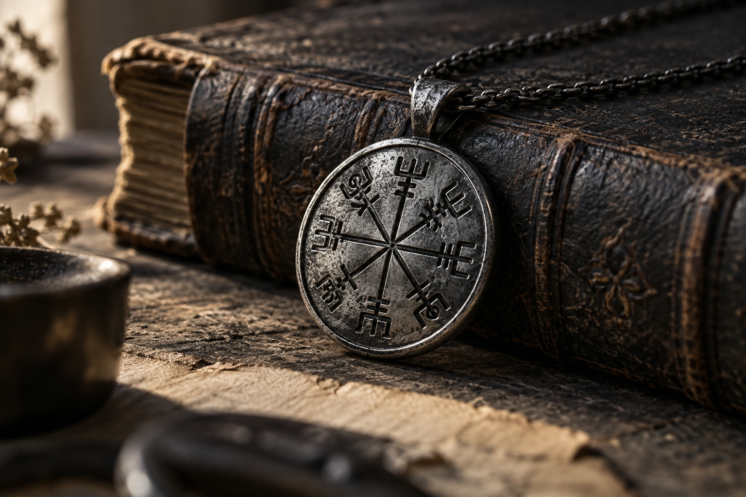 Darkened silver radial stave pendant displayed with a later Icelandic manuscript
