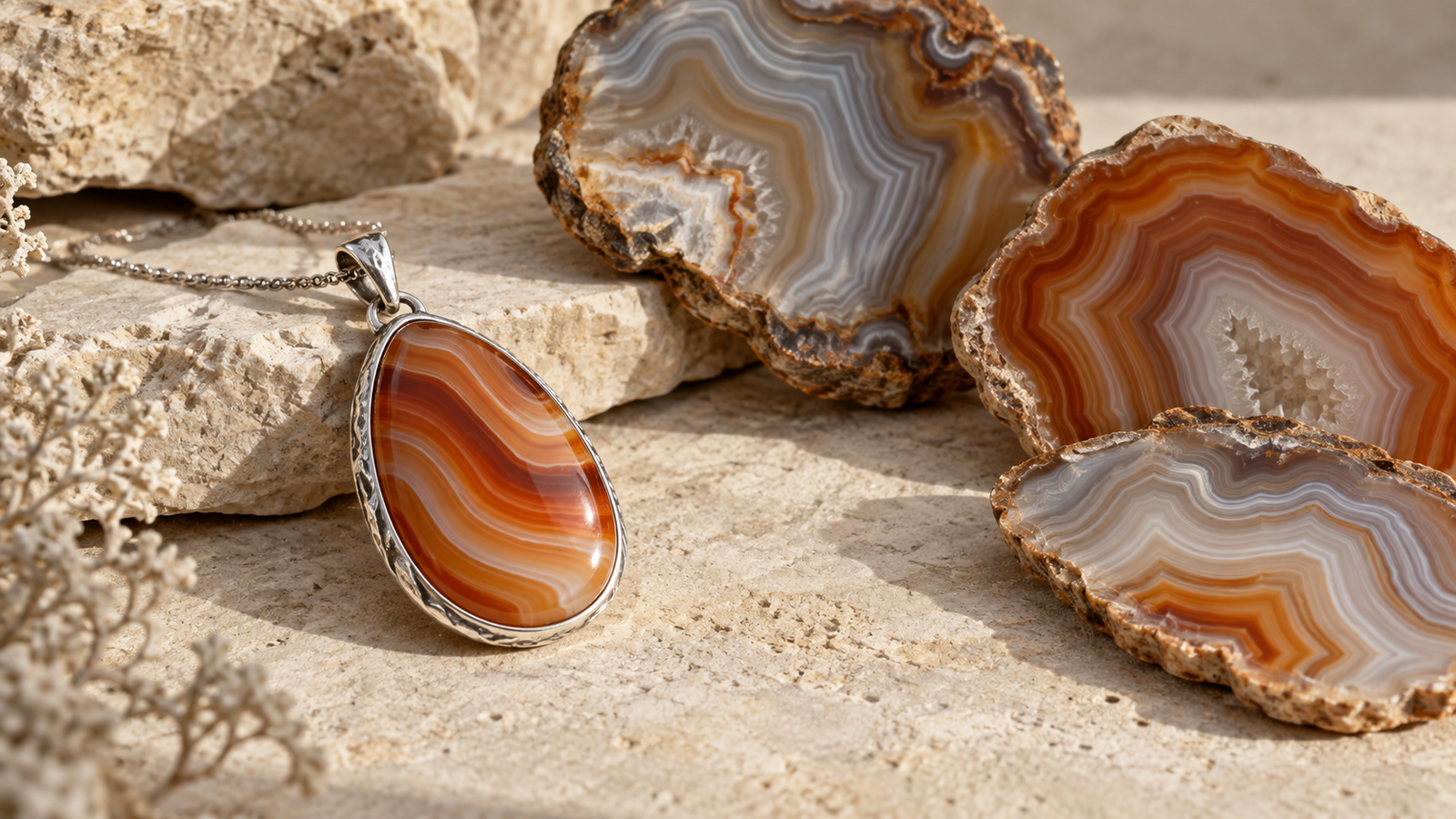 Silver orange agate pendant with natural banded agate slices