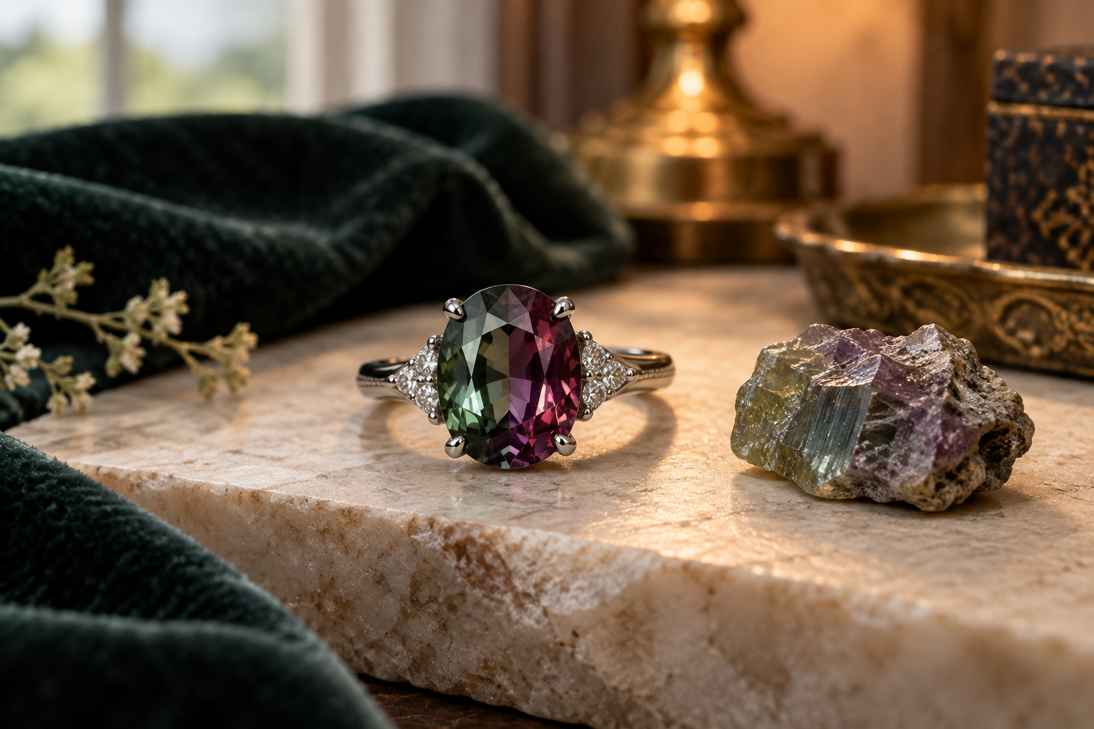 Alexandrite ring showing green and raspberry tones beside rough chrysoberyl