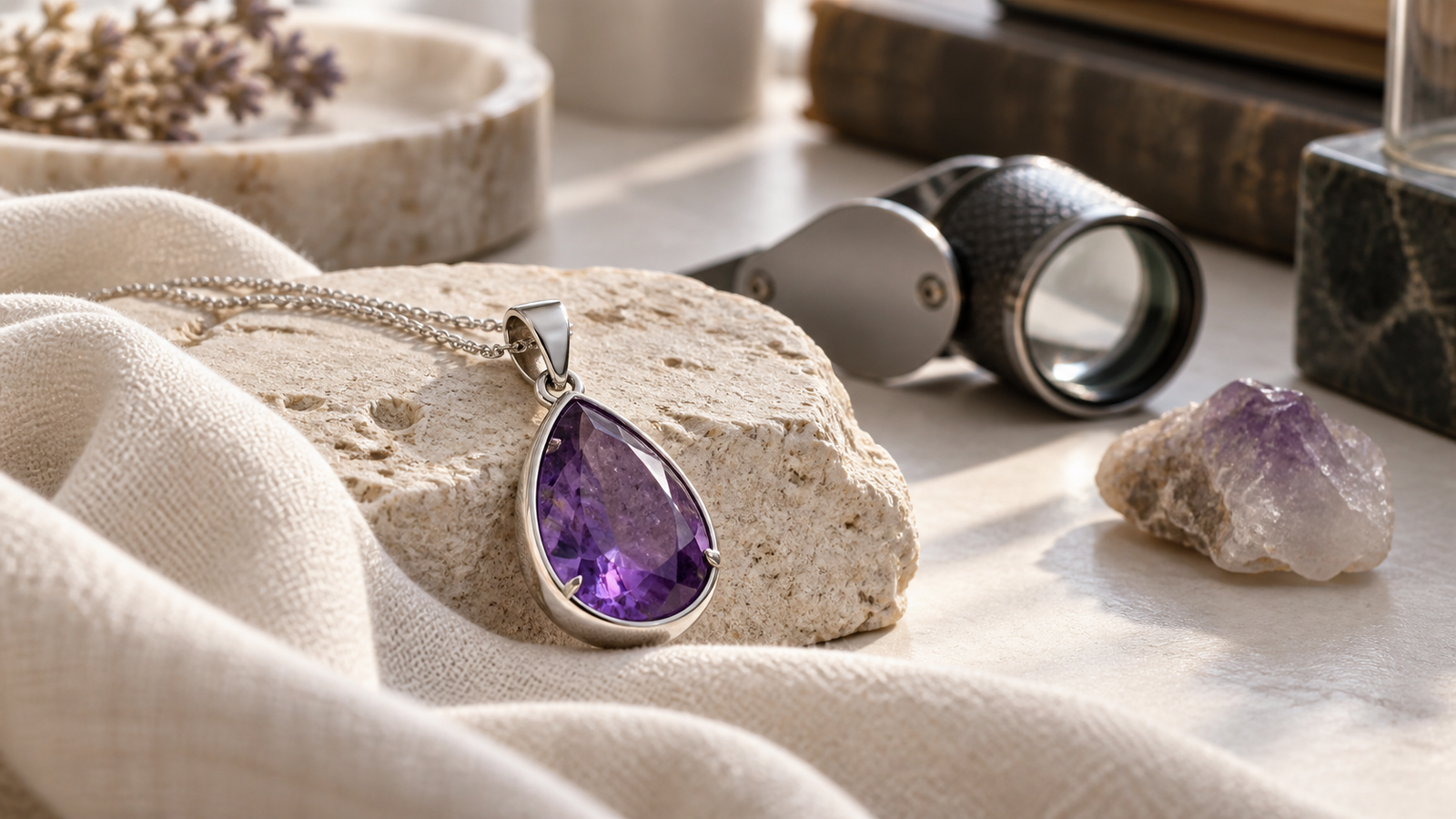 Purple amethyst pendant examined with a jeweler's loupe on a neutral gemology desk