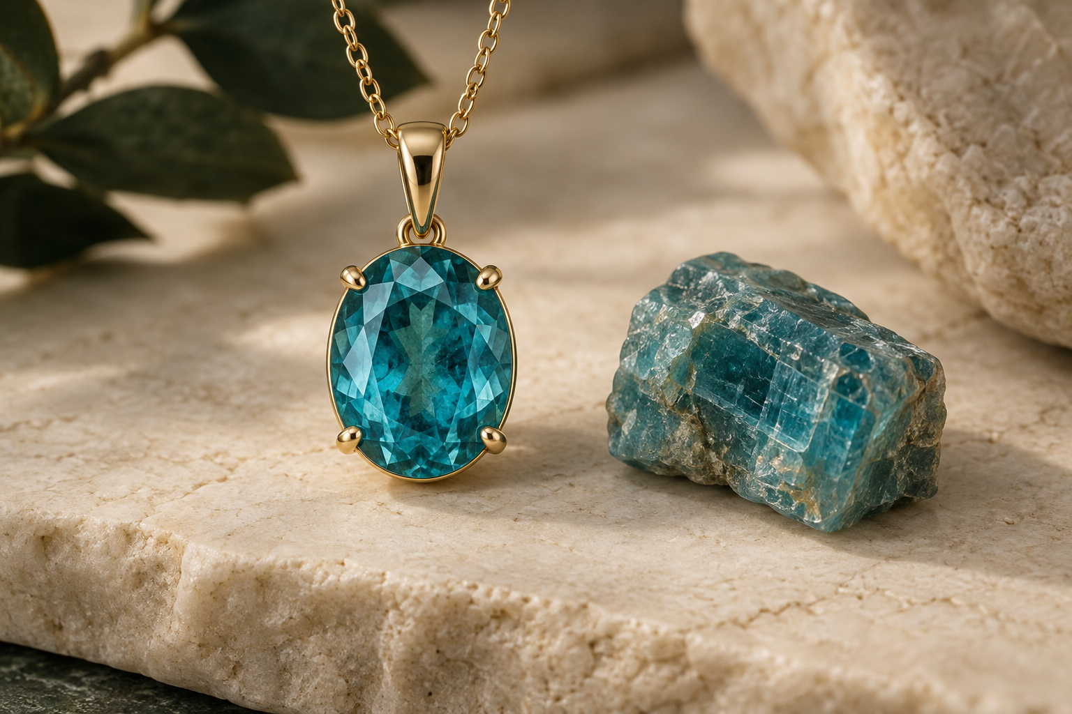 Blue-green apatite pendant beside a rough apatite crystal