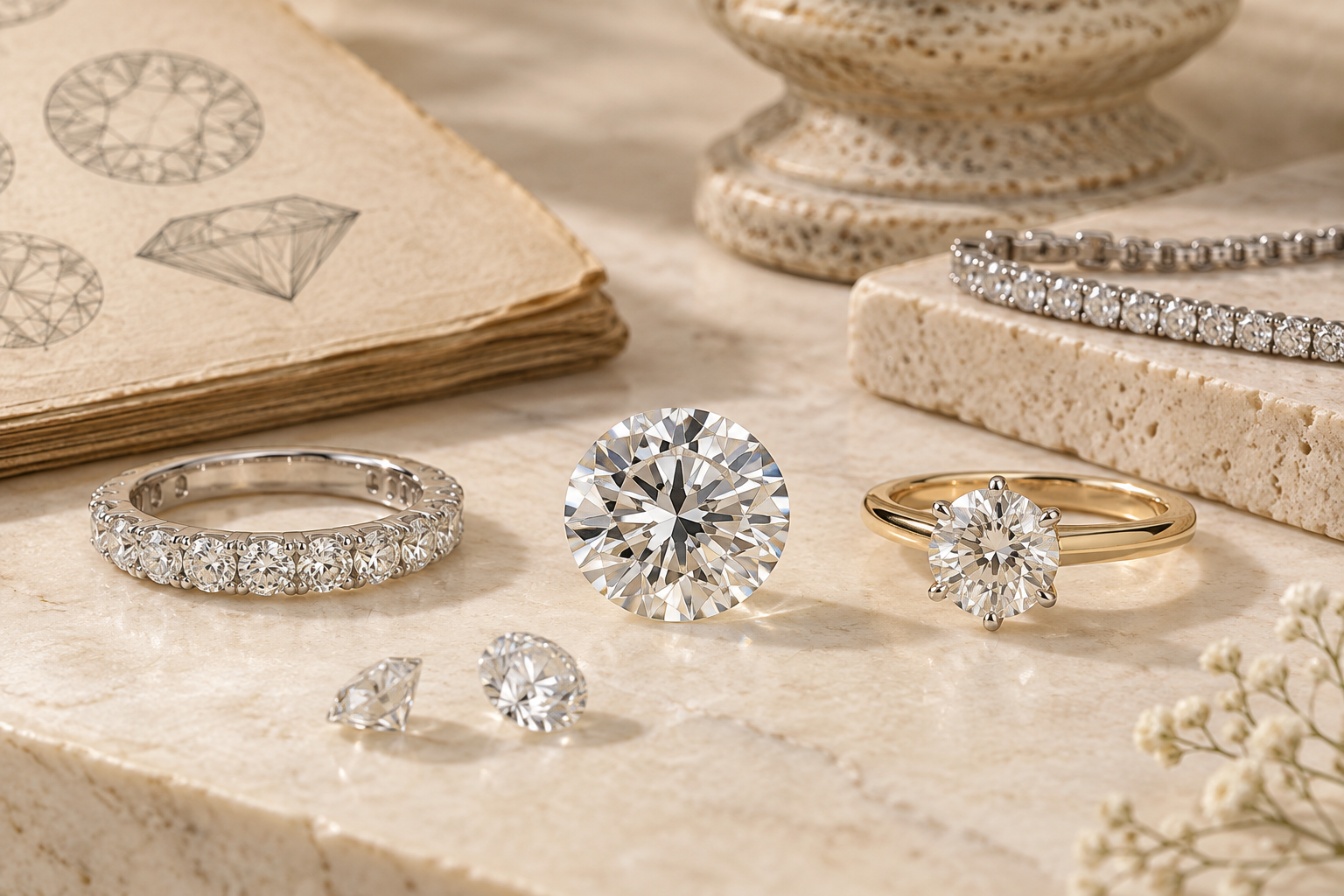 Diamond rings and loose colorless stones in an editorial gem display