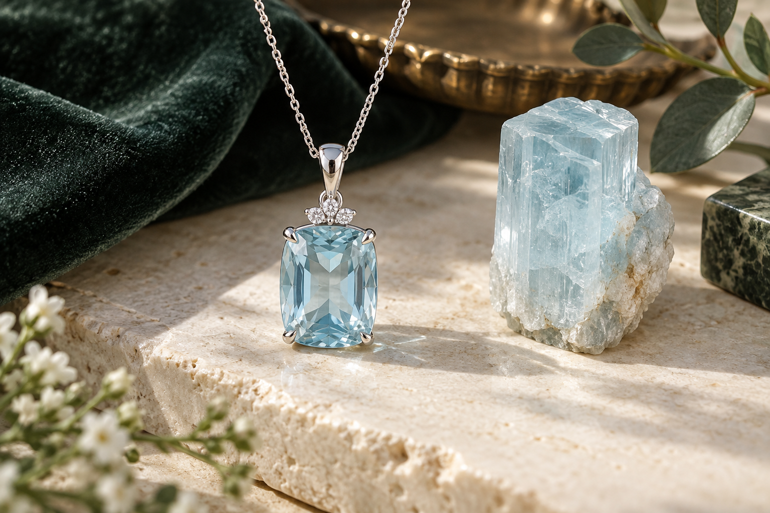 Pale blue aquamarine pendant beside a natural beryl crystal