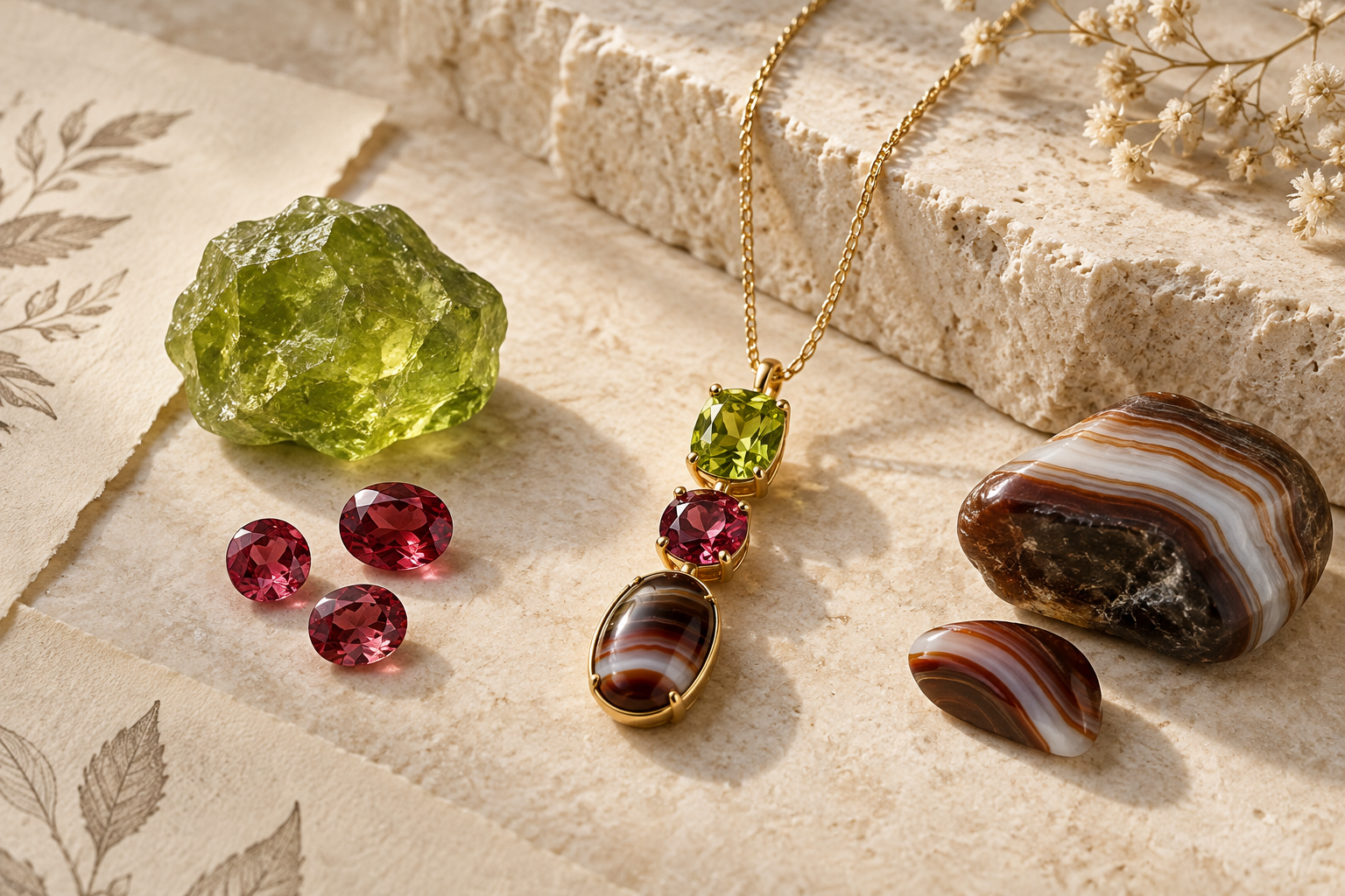 Peridot, spinel, and sardonyx represented in jewelry and loose material