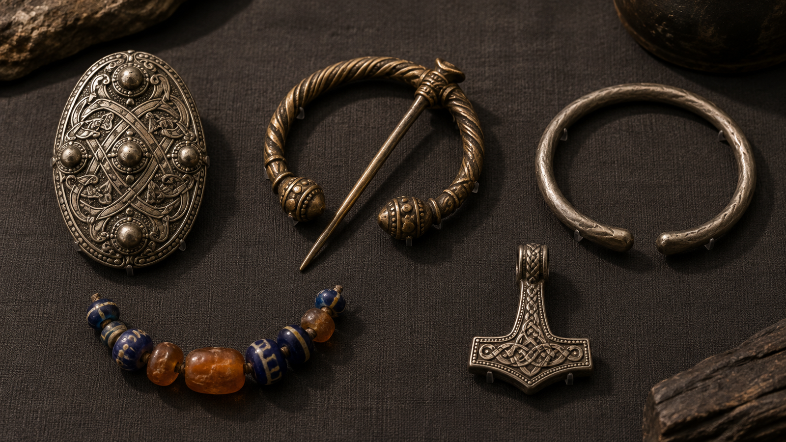 Museum-style display of Viking Age brooches arm ring beads and hammer pendant