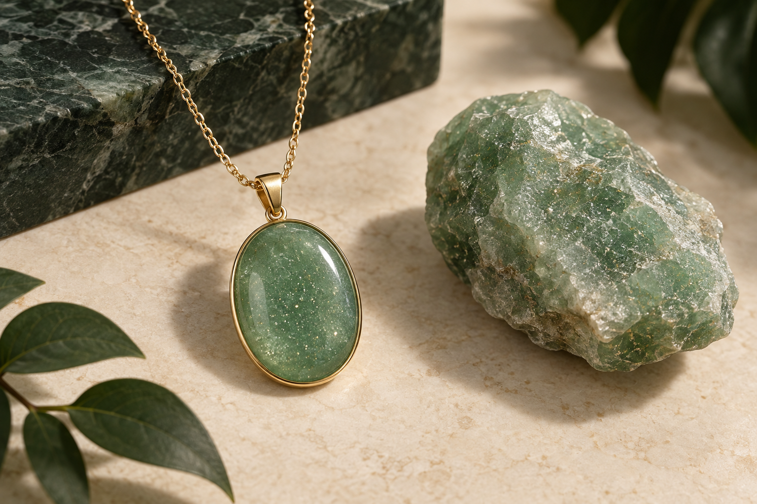 Green aventurine necklace and rough quartz showing fine sparkle