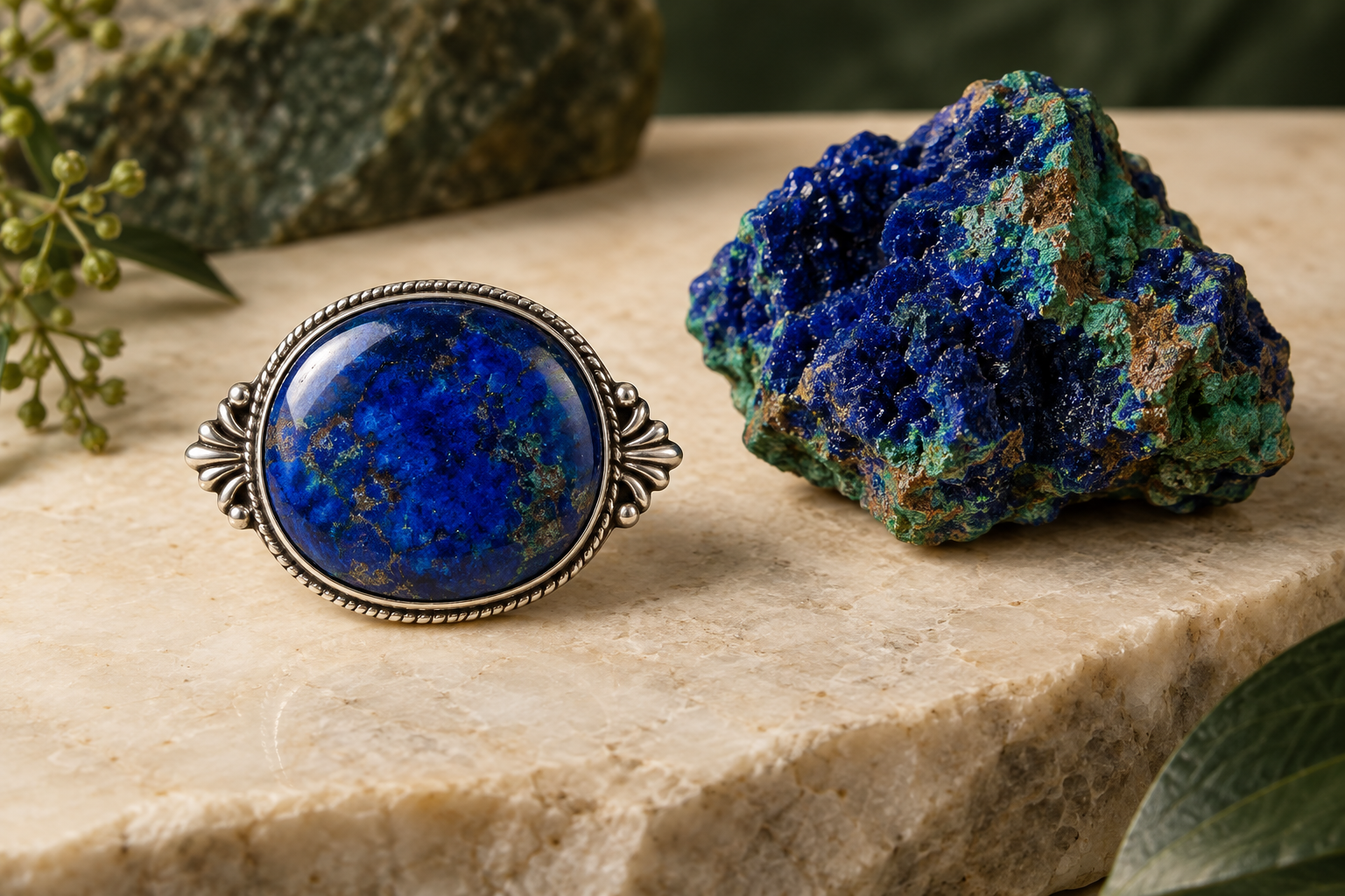 Deep-blue azurite brooch beside a rough azurite-malachite specimen