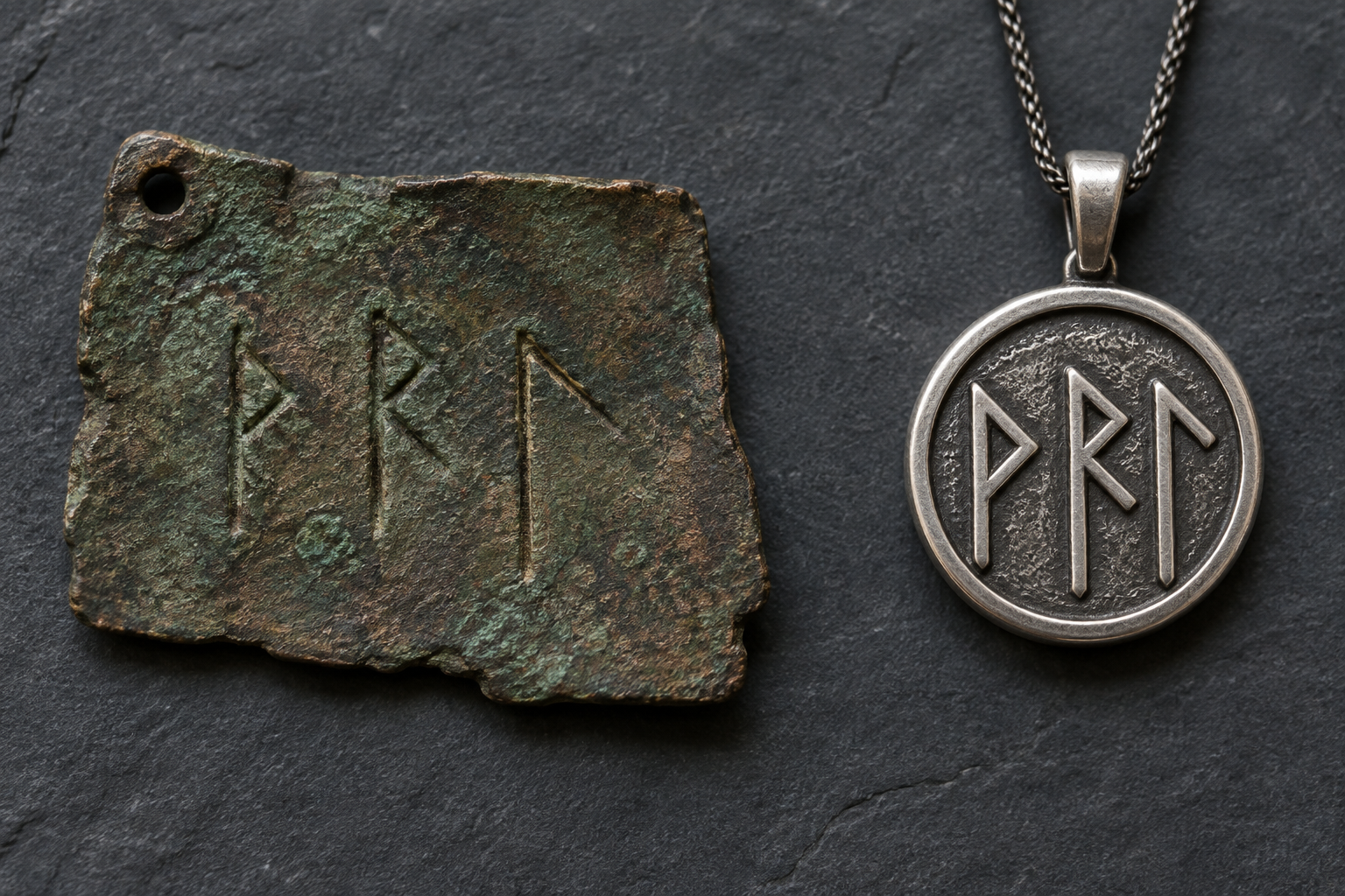 Historical copper runic amulet beside a modern silver bind rune pendant