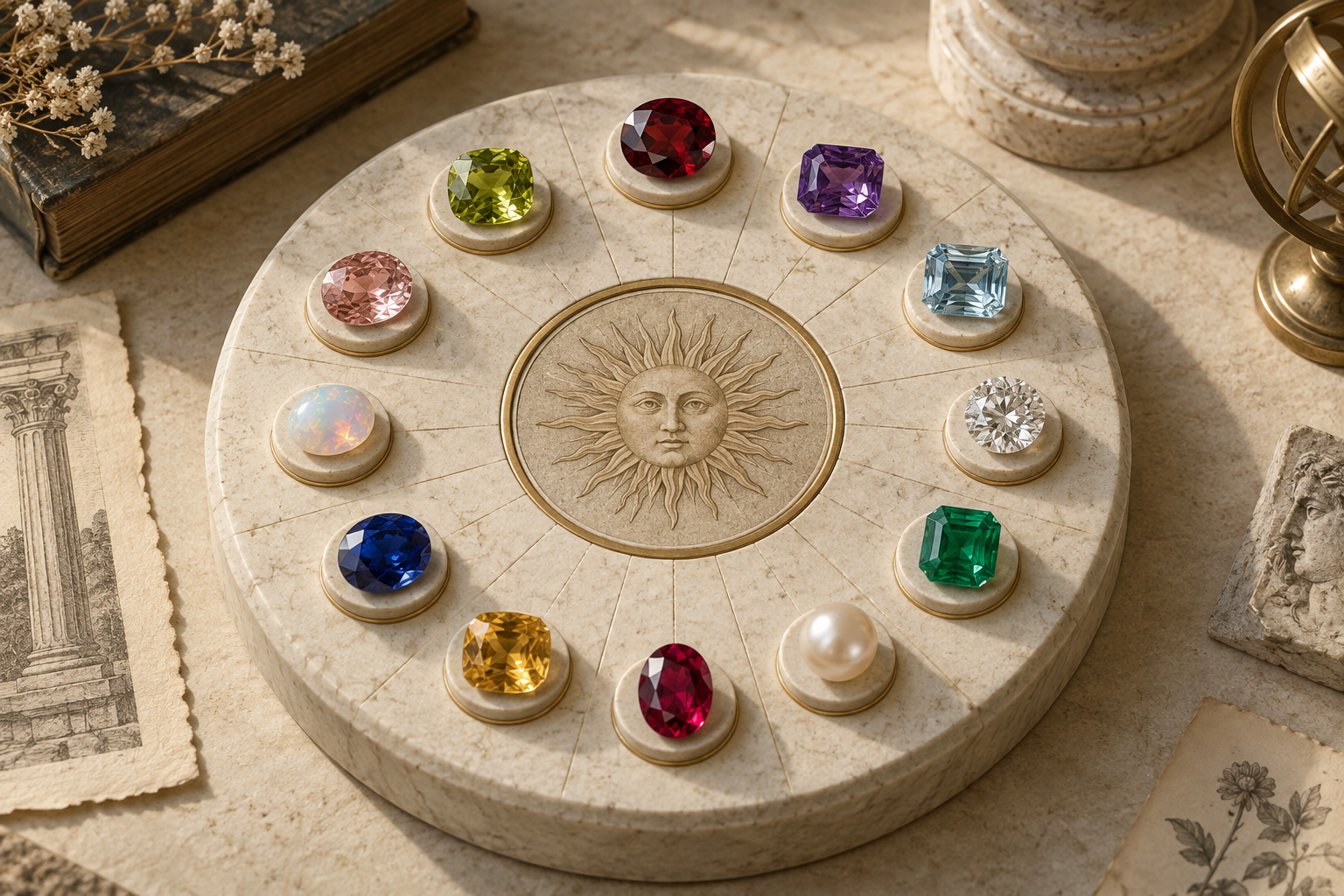 Twelve colored birthstones arranged around a circular museum display