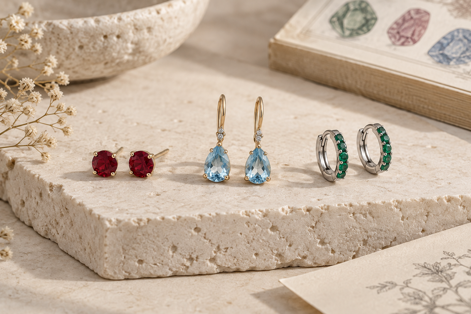 Birthstone stud, drop, and hoop earrings arranged in pairs