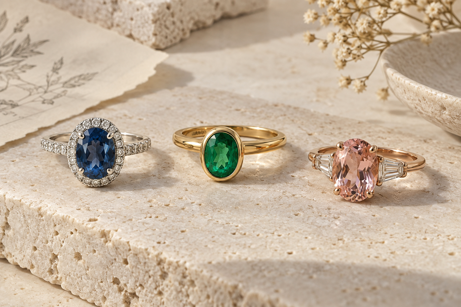 Three colored gemstone engagement rings in protective and classic settings
