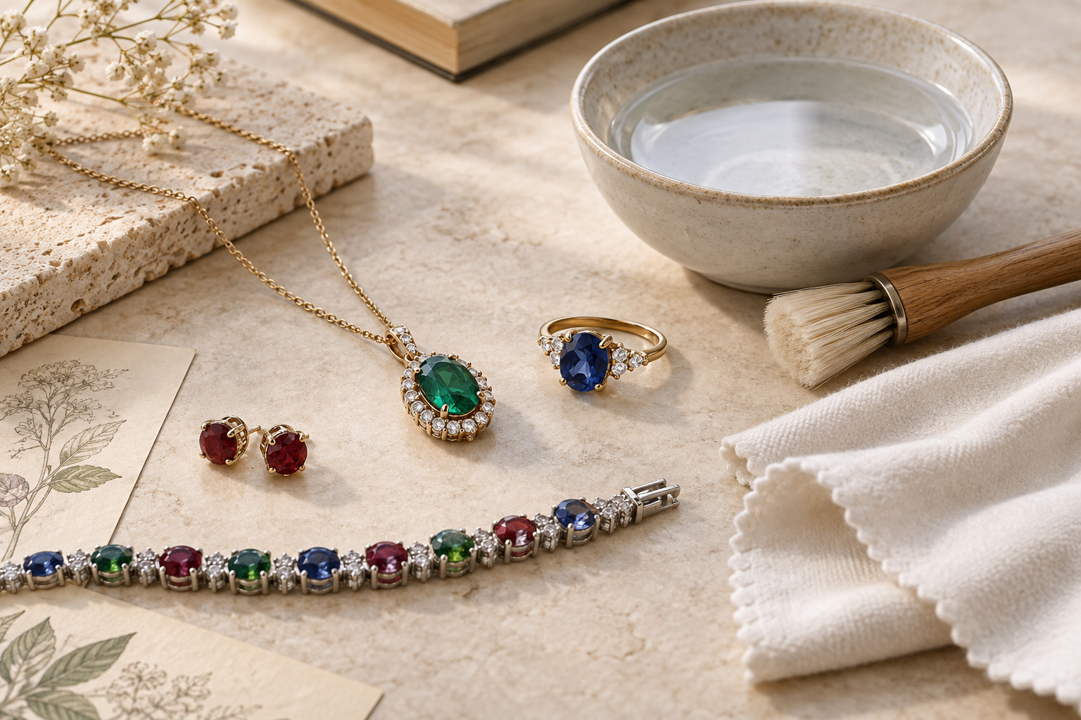 Colored gemstone jewelry beside a soft cloth, brush, and clean water