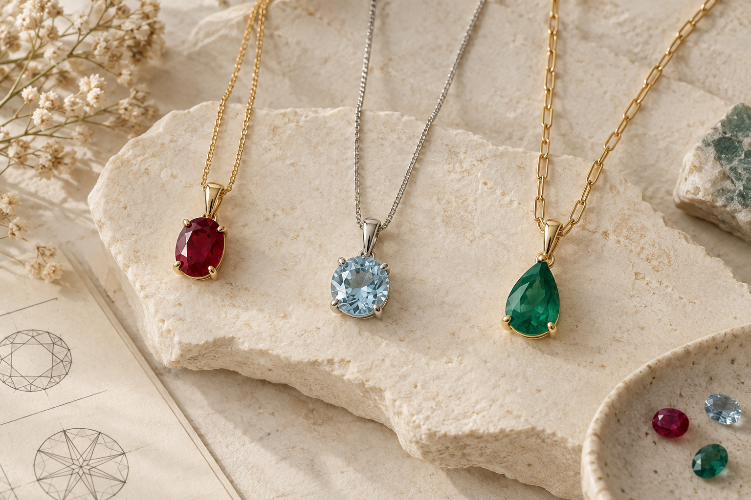 Three colored birthstone pendants with different chain styles