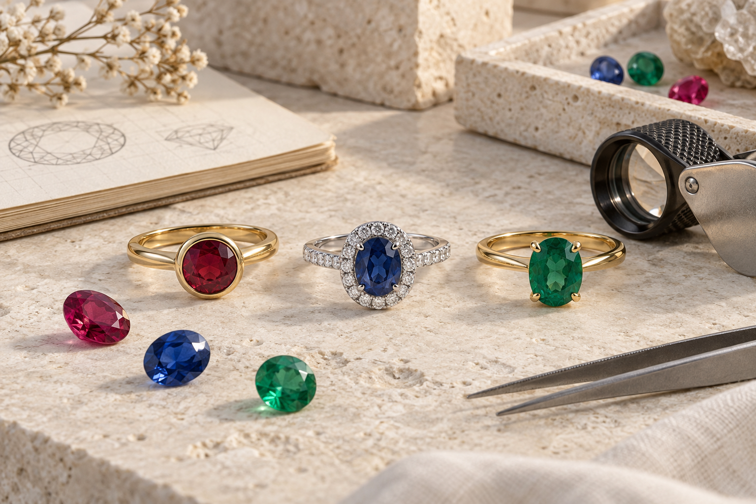 Three colored gemstone rings demonstrating different settings