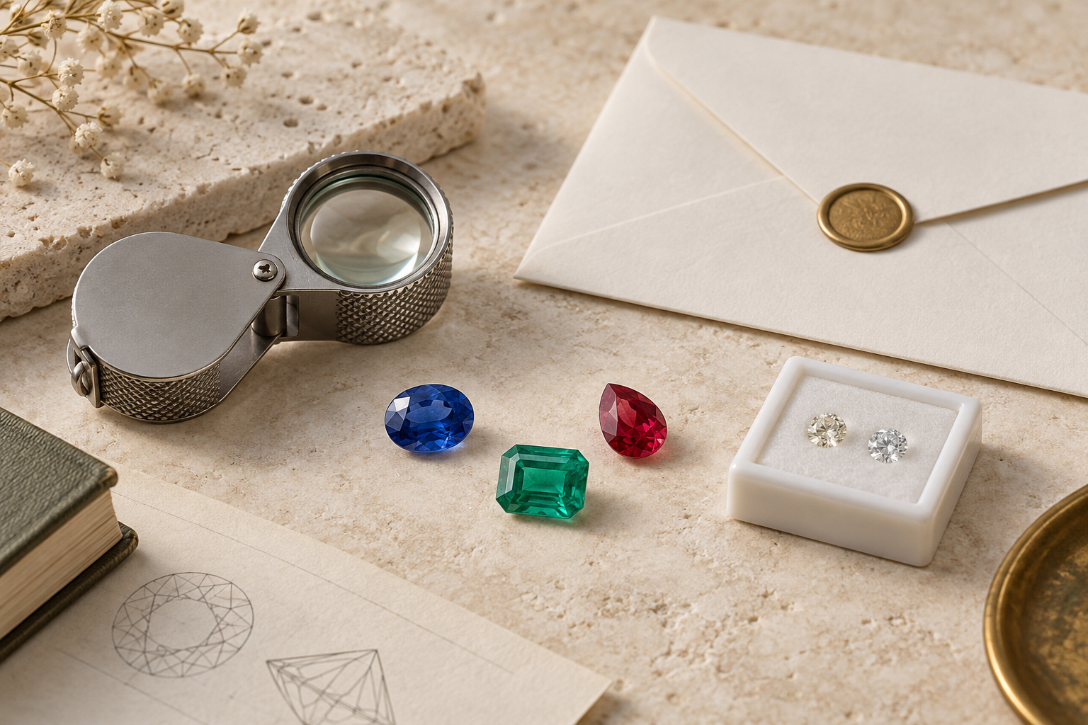 Loose colored gems, jeweler's loupe, and a sealed documentation envelope