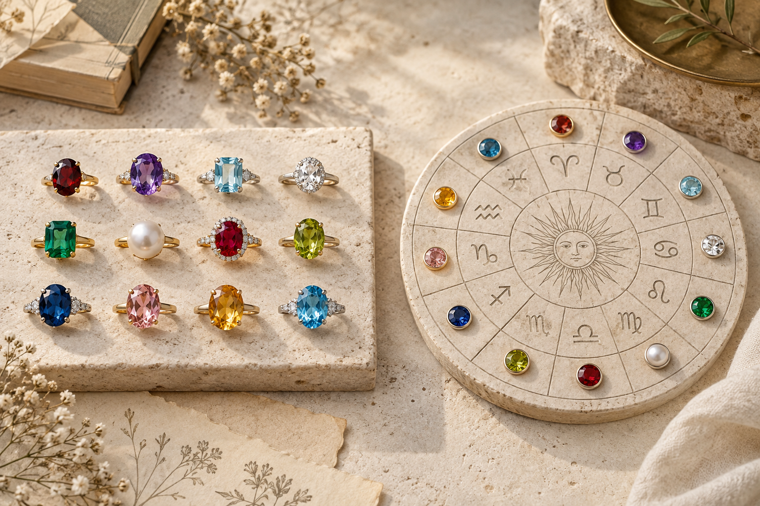 Month birthstone display beside a zodiac stone wheel