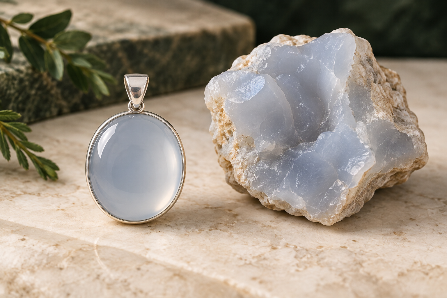 Pale blue-gray chalcedony pendant beside a rough chalcedony nodule