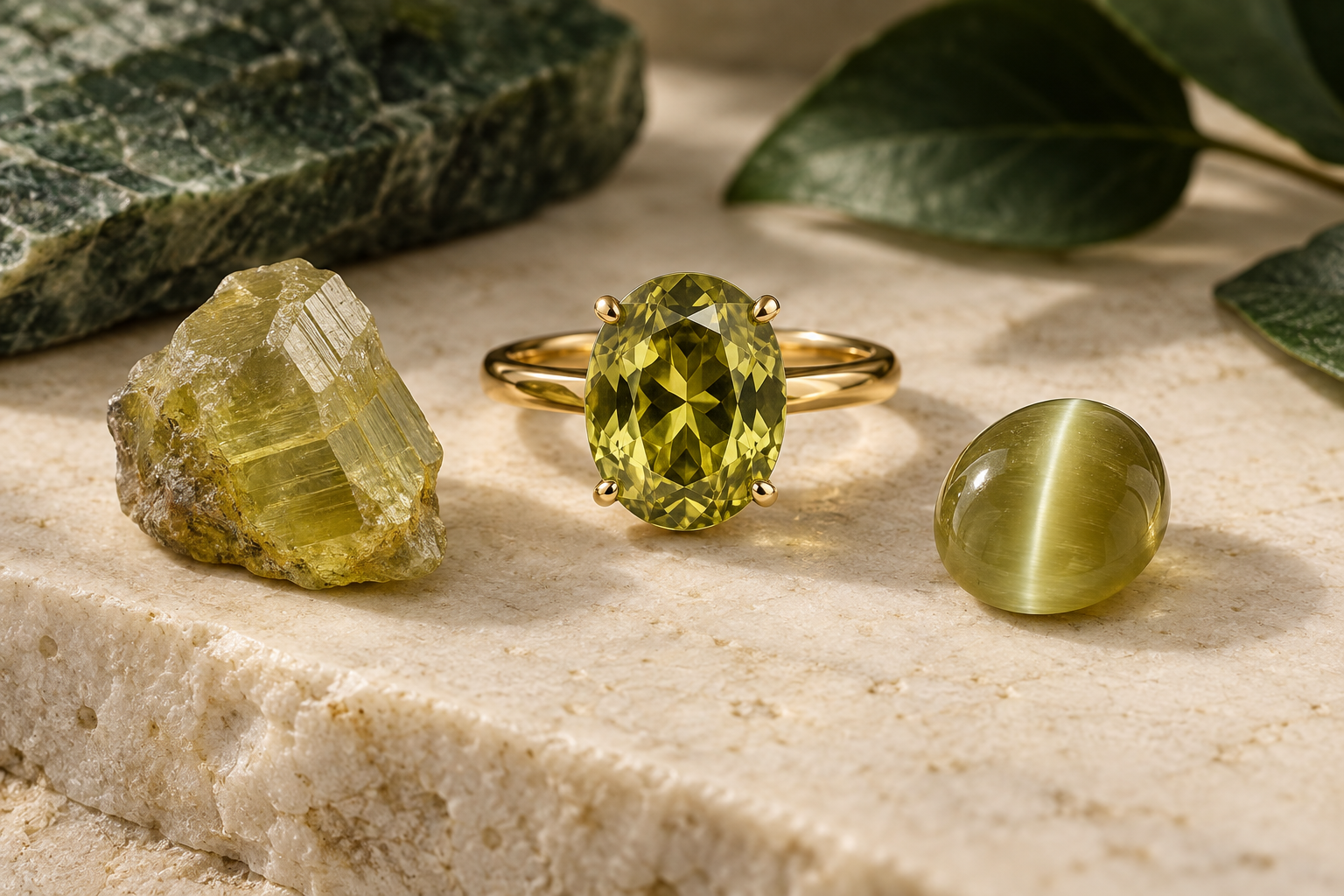 Yellow-green chrysoberyl ring with rough crystal and cat's-eye cabochon
