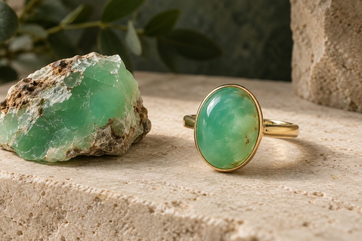Apple-green chrysoprase ring beside rough green chalcedony