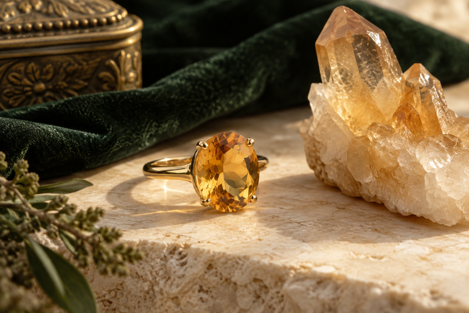 Golden citrine ring beside a honey-colored quartz crystal cluster