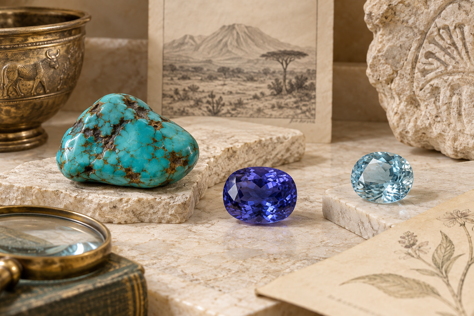 Turquoise, tanzanite, and zircon represented as loose birthstones