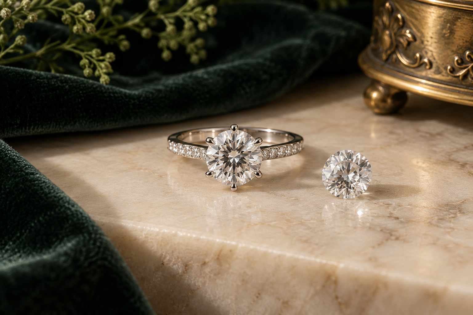 Colorless diamond ring and loose faceted diamond on ivory stone