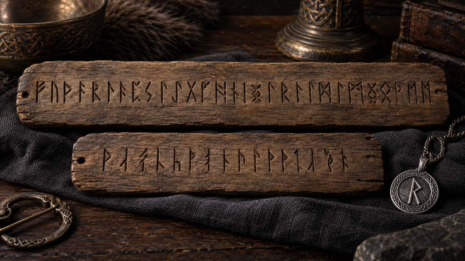 Two carved rune rows comparing longer Elder Futhark and shorter Viking Age forms