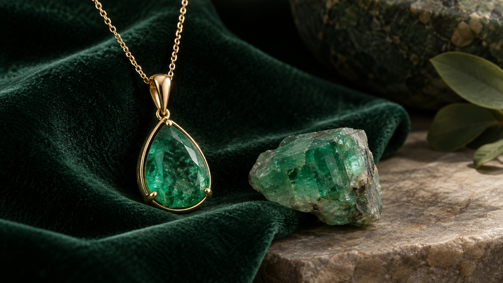 Gold emerald pendant and rough green beryl on dark green velvet