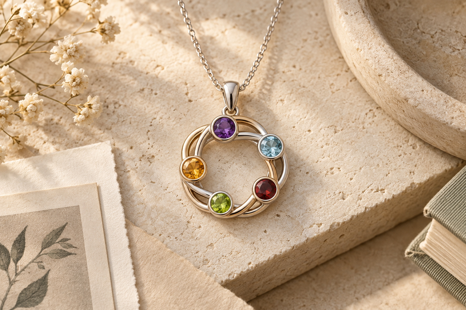 Multi-stone family pendant with five differently colored birthstones