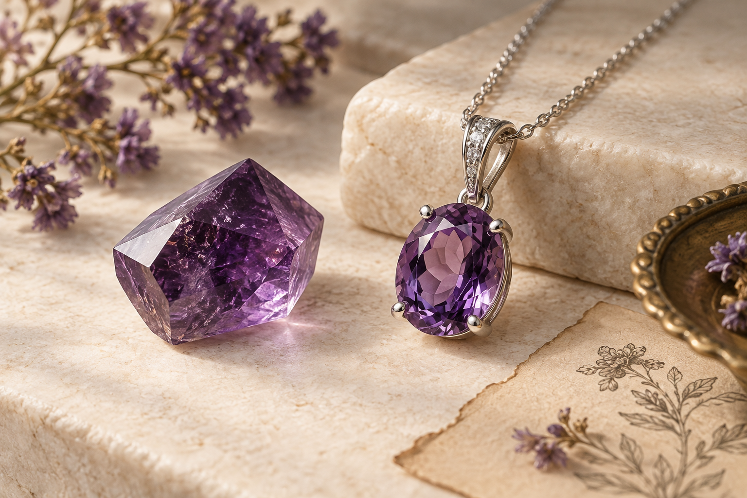 Purple amethyst pendant and faceted amethyst on an ivory museum-style surface