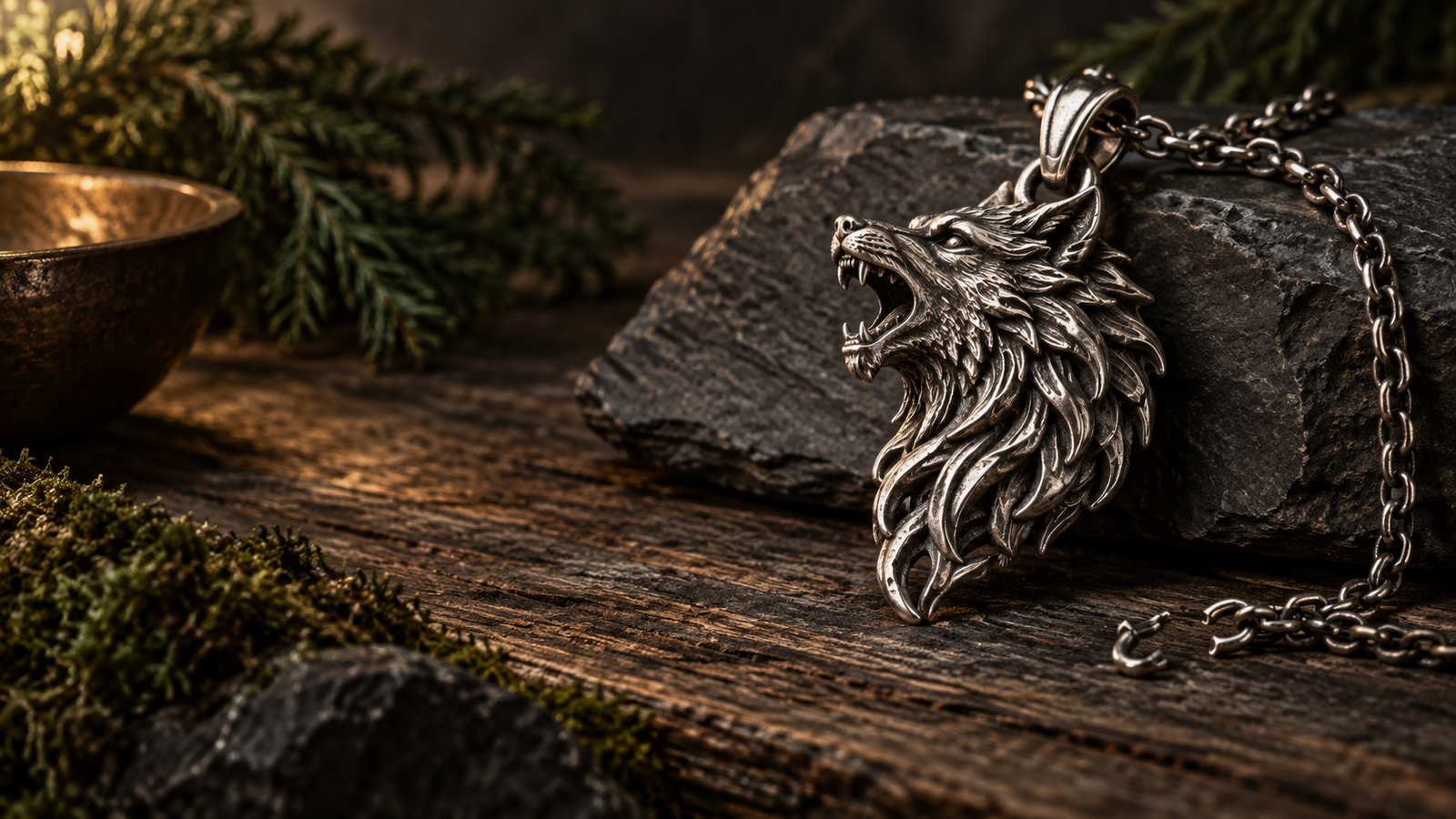 Sterling silver Fenrir-inspired wolf pendant displayed on dark slate and oak