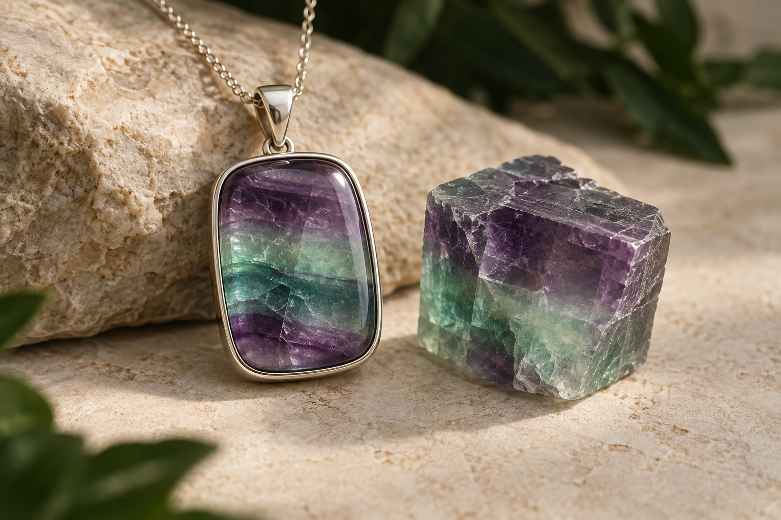 Purple-green fluorite pendant beside a cubic rough crystal