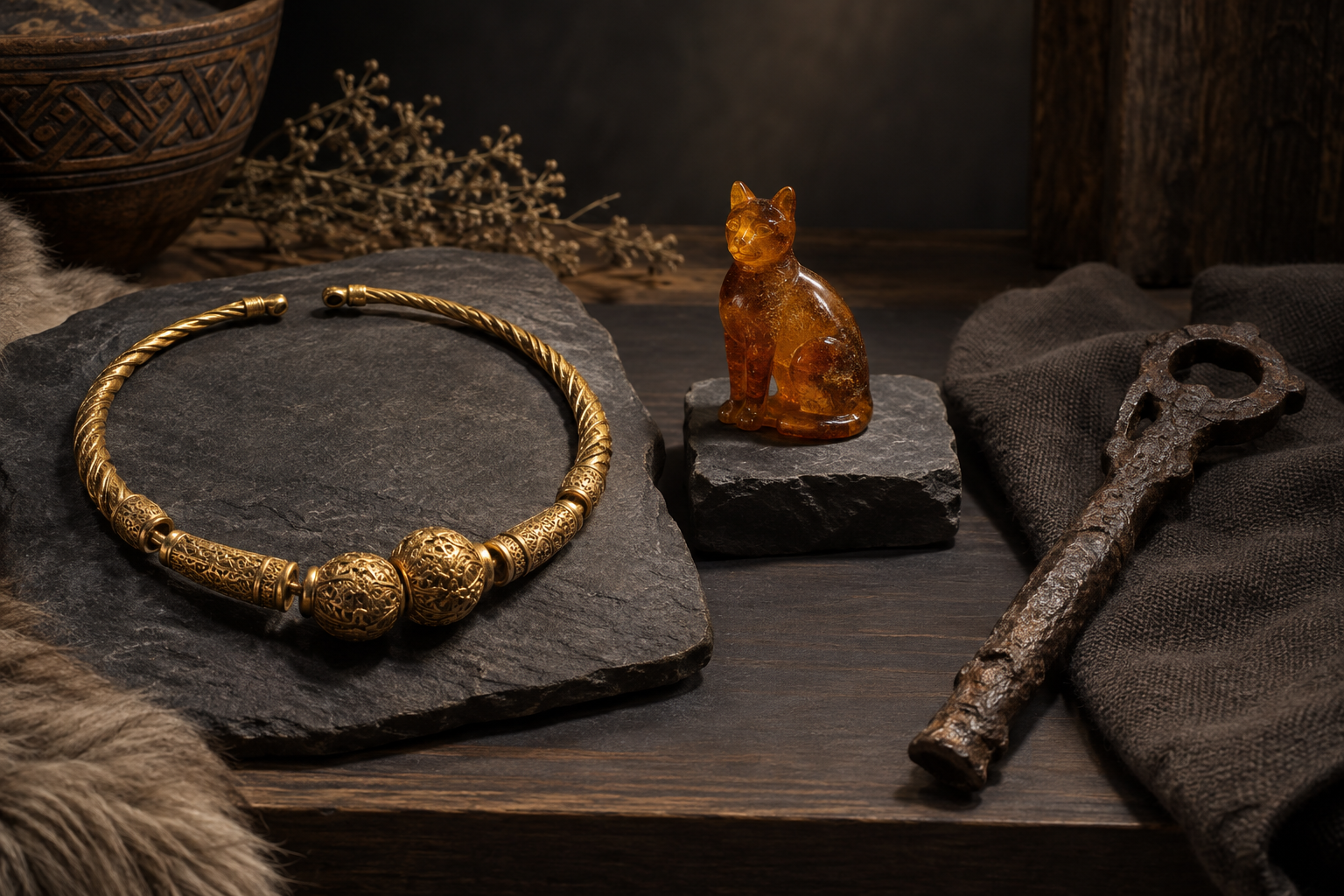 Gold necklace, amber cat figurine, and seeress staff fragment in separate displays