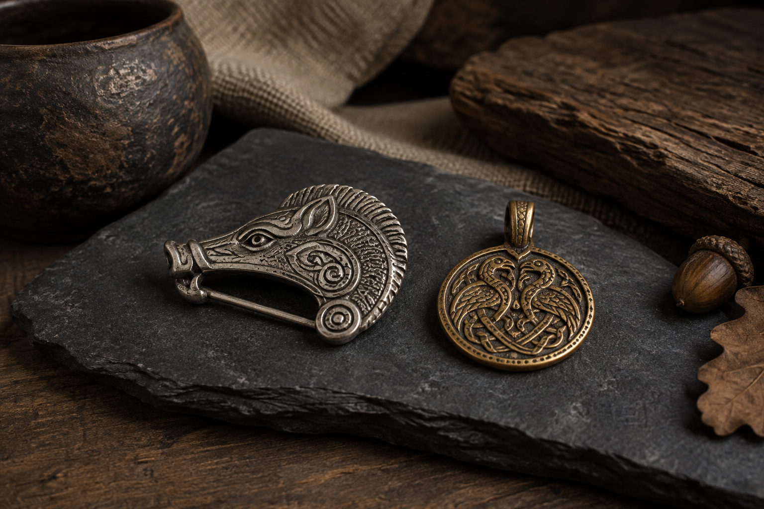 Stylized boar-head brooch and restrained gold and bronze pendant