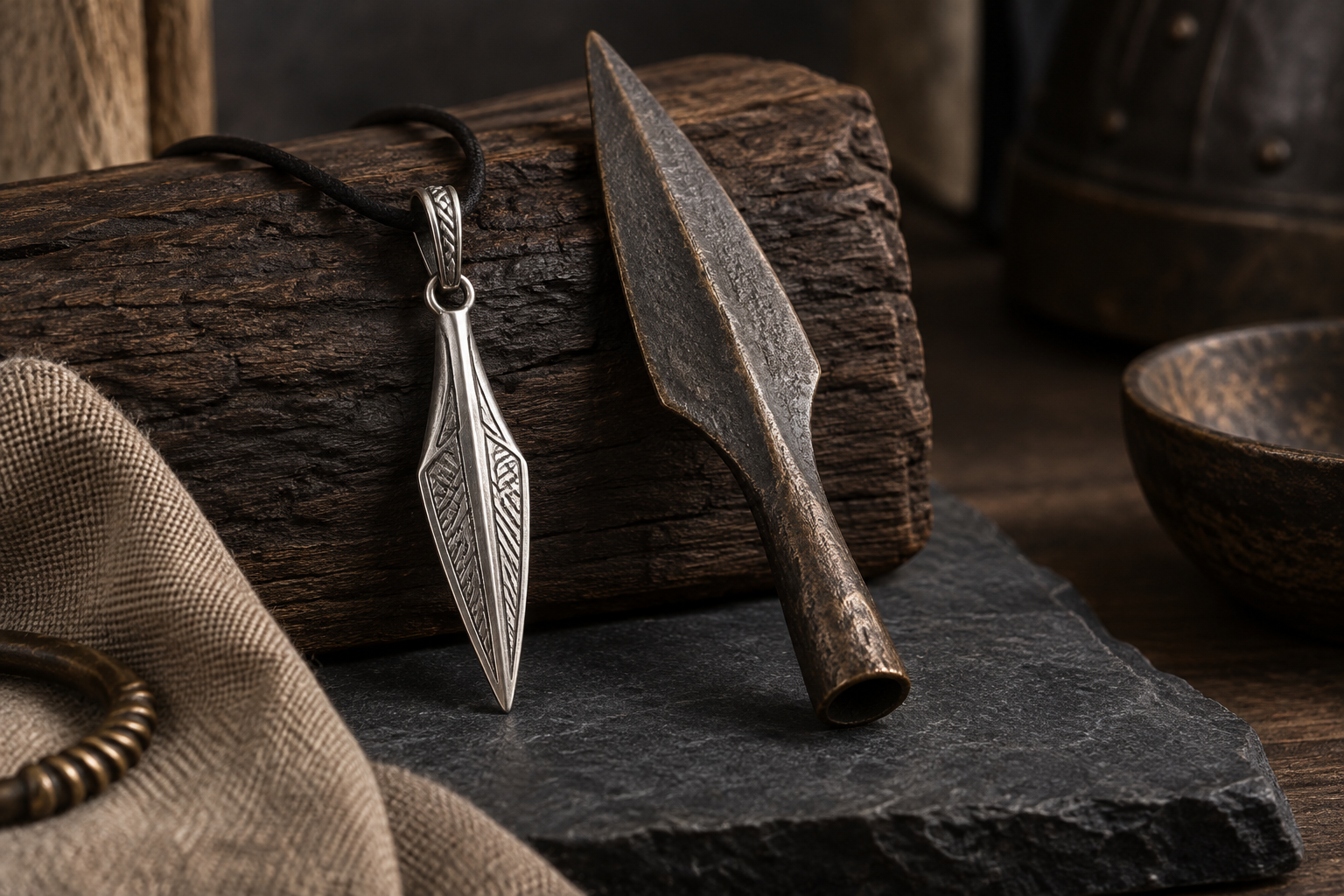 Silver spear-shaped pendant beside a historically inspired miniature spearhead
