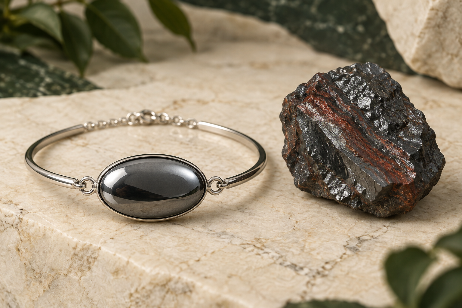 Metallic gray hematite jewelry beside a rough reddish-black specimen