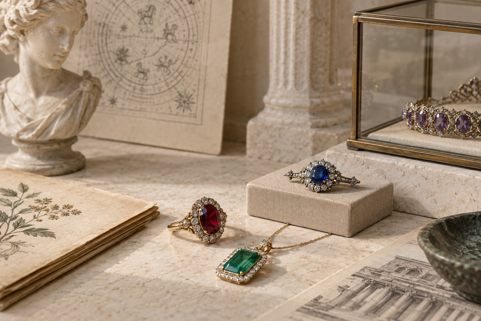 Historic-style gemstone jewelry beside archival papers and a museum case