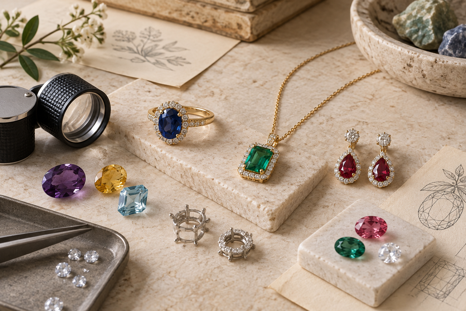 Birthstone rings, necklace, earrings, loose gems, settings, and jeweler's loupe