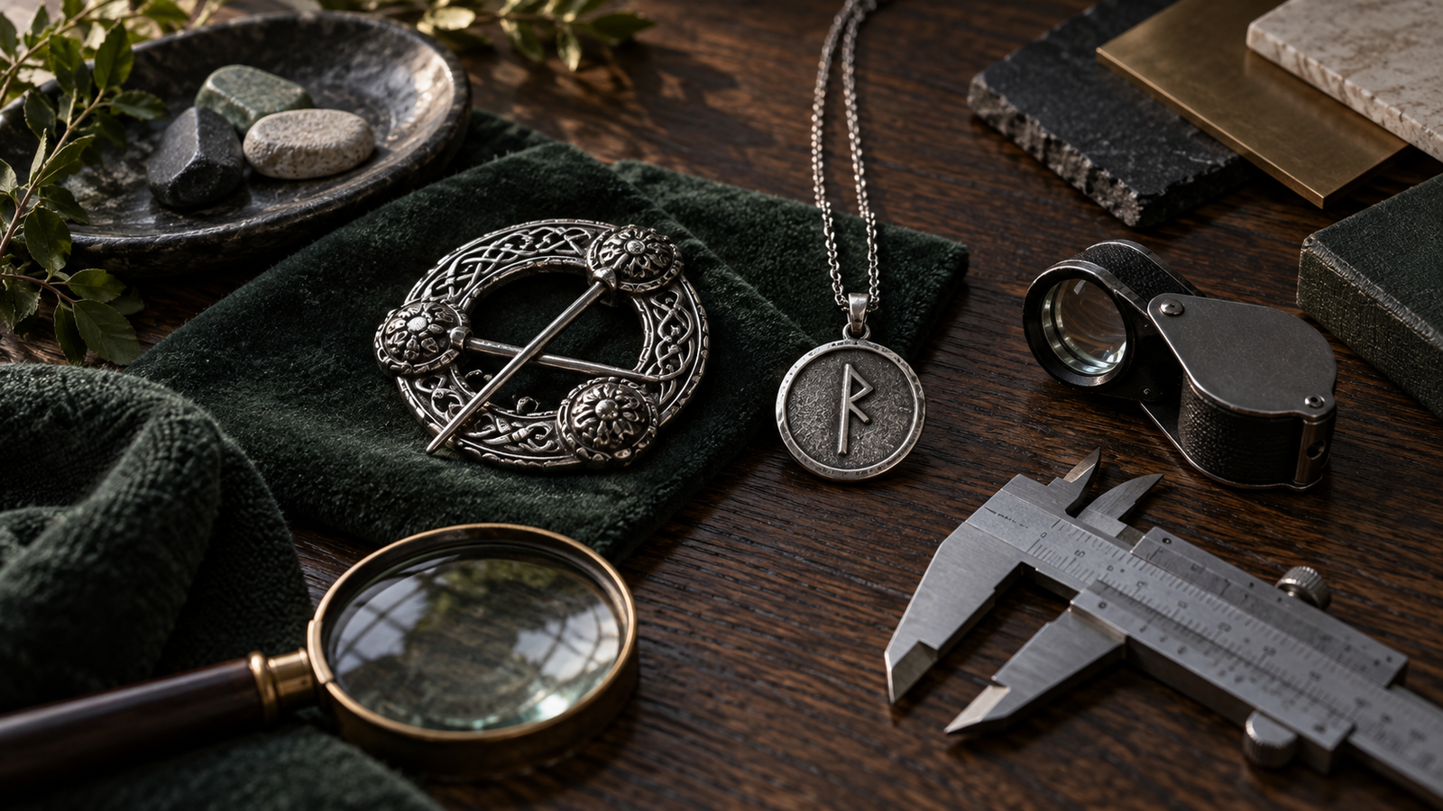 Viking-inspired jewelry with loupe magnifier and calipers for careful evaluation