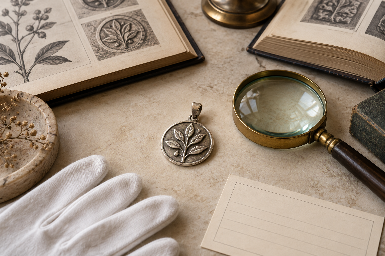 Silver botanical symbol pendant examined with a magnifying glass on an archival research desk