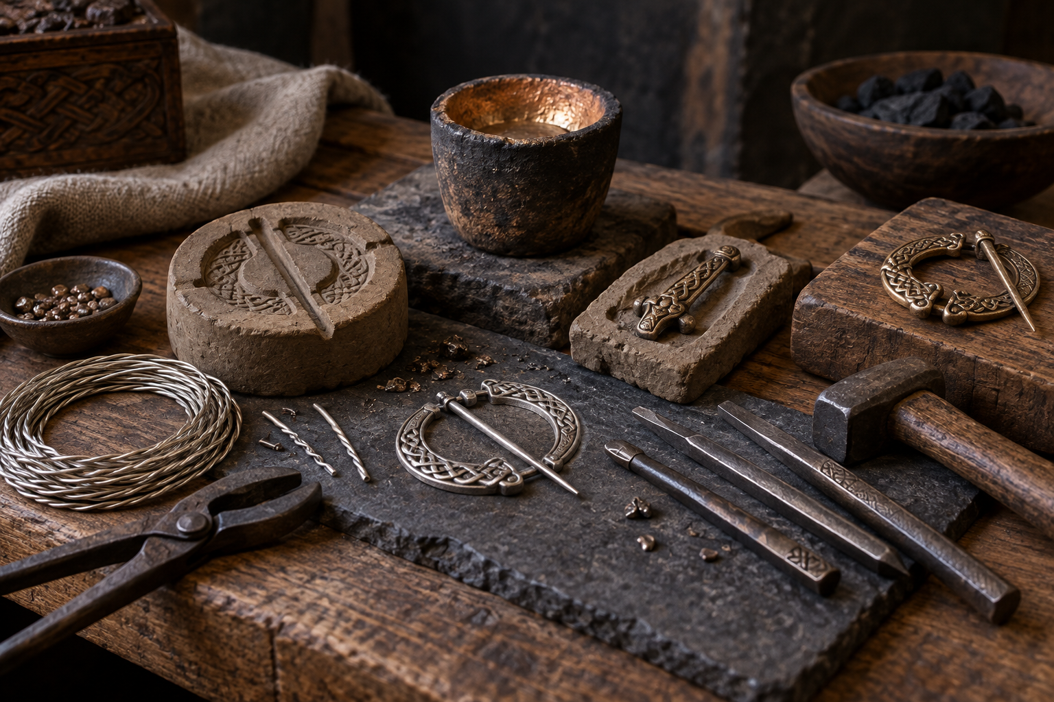 Reconstructed Viking jewelry workbench with mould, wire, punches, and unfinished brooch