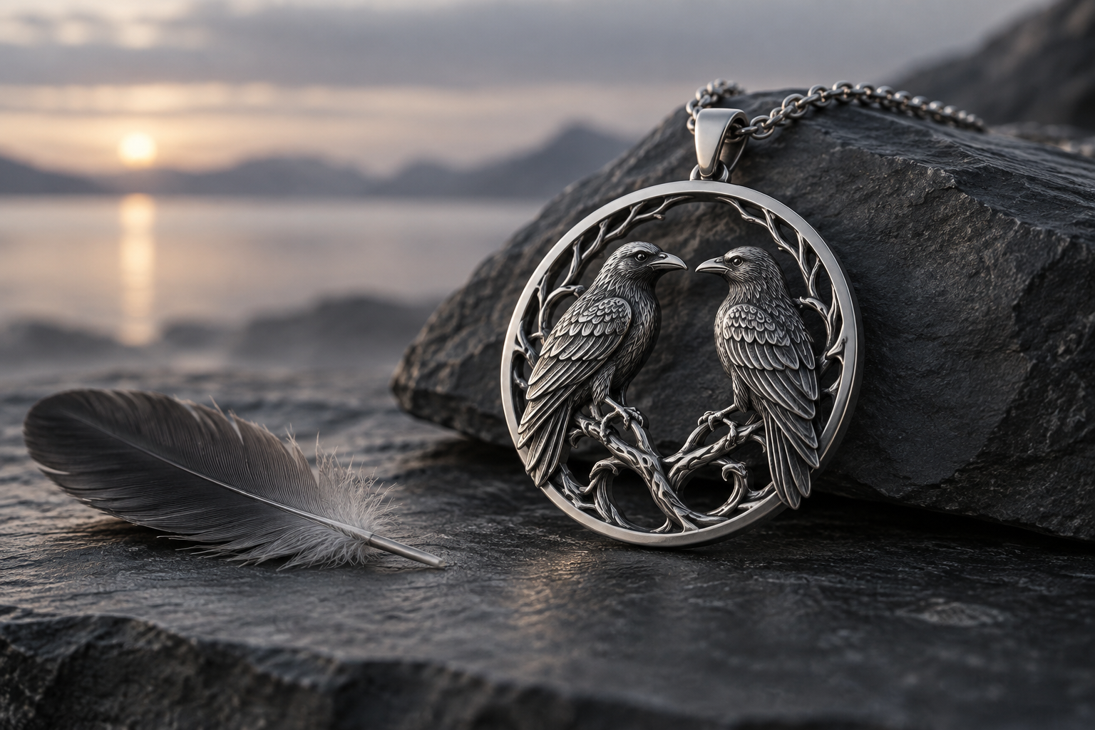 Silver pendant with two facing ravens displayed on dark slate
