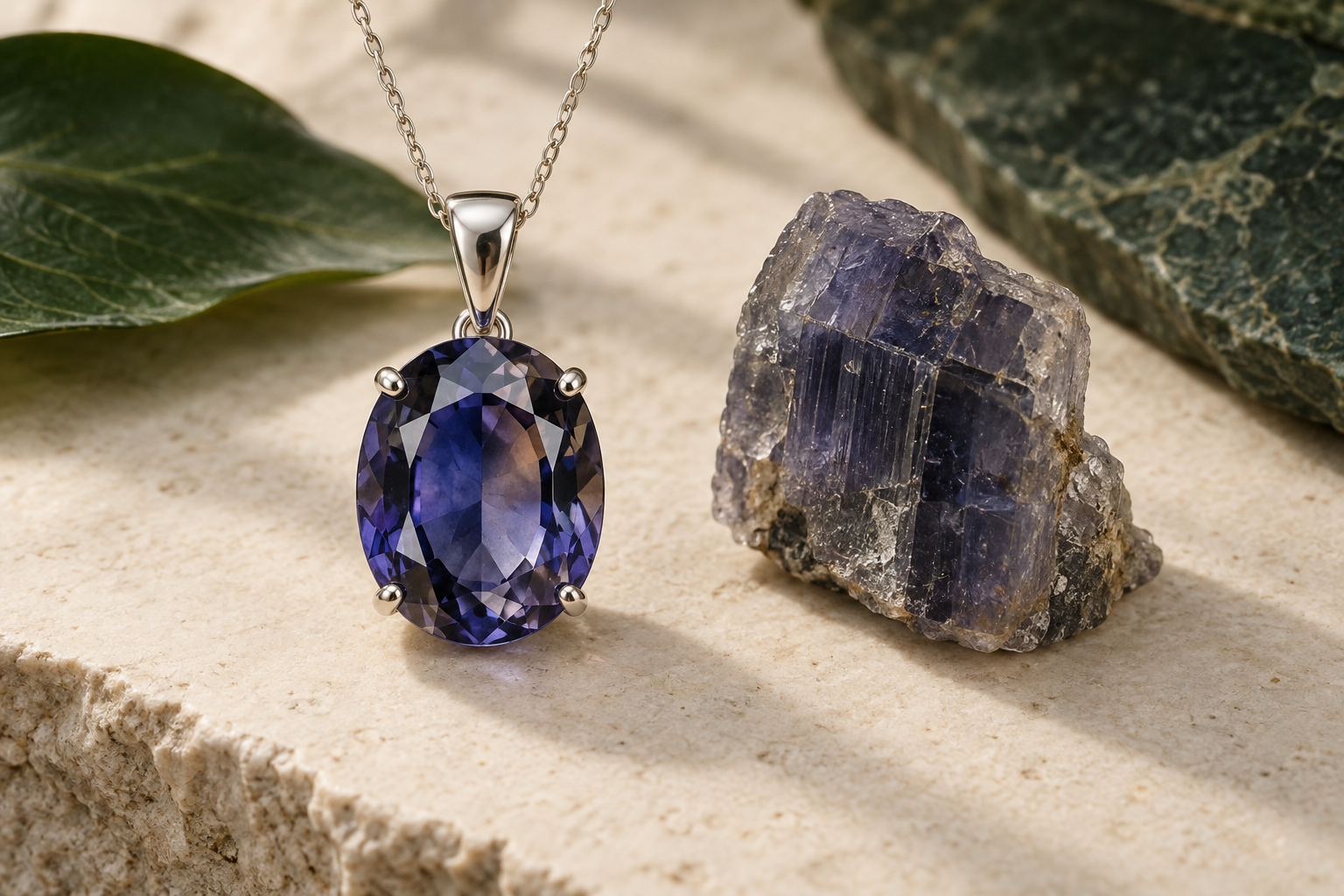 Blue-violet iolite pendant beside a rough cordierite crystal