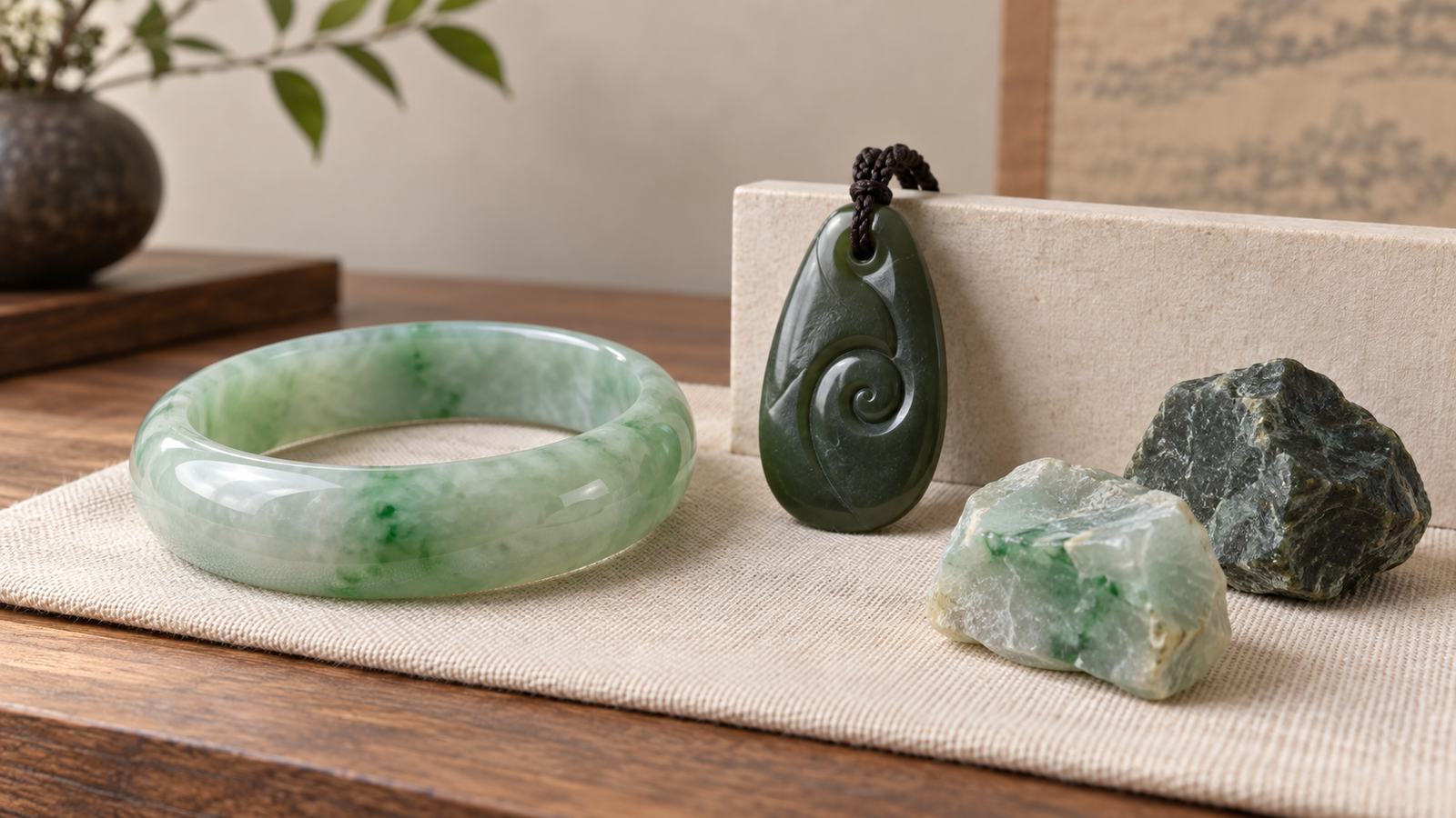 Pale jadeite bangle with dark nephrite pendant and rough jade specimens