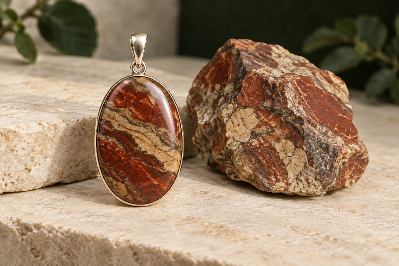 Patterned red and tan jasper pendant beside a rough jasper specimen