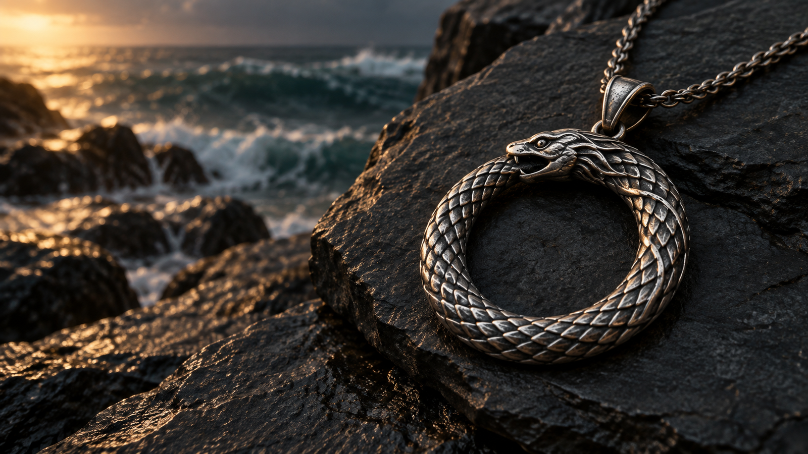 Circular silver World Serpent pendant displayed on coastal rock