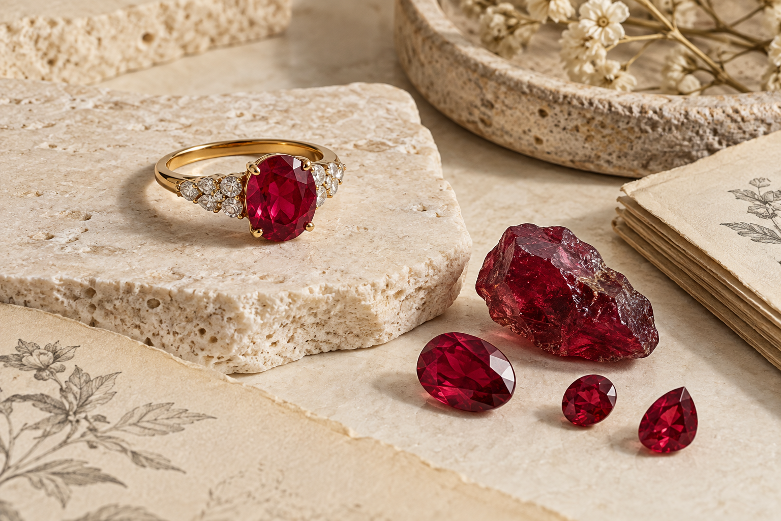 Ruby ring and red gemstones in an editorial birthstone display