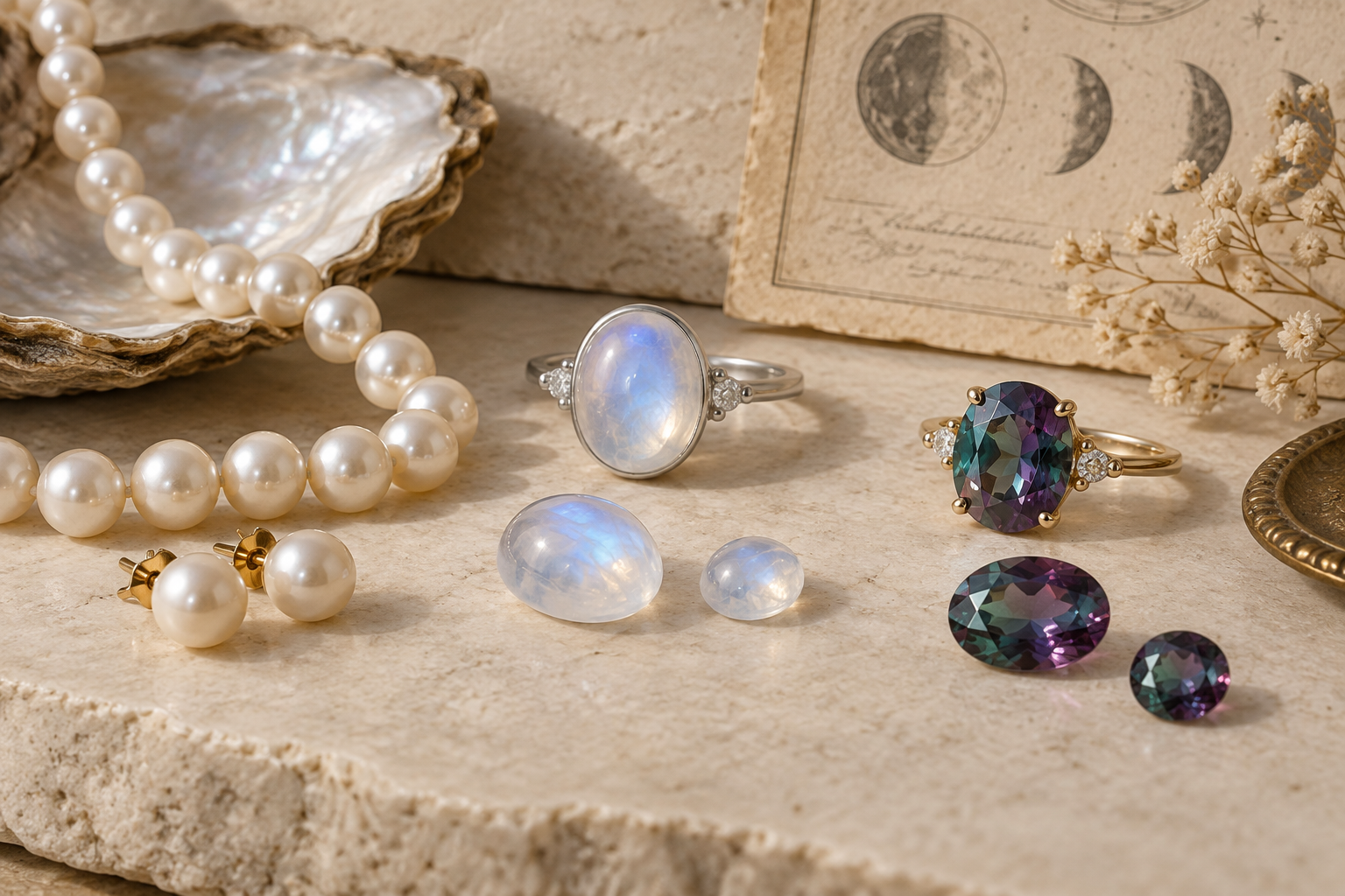 Pearl, moonstone, and alexandrite jewelry arranged together