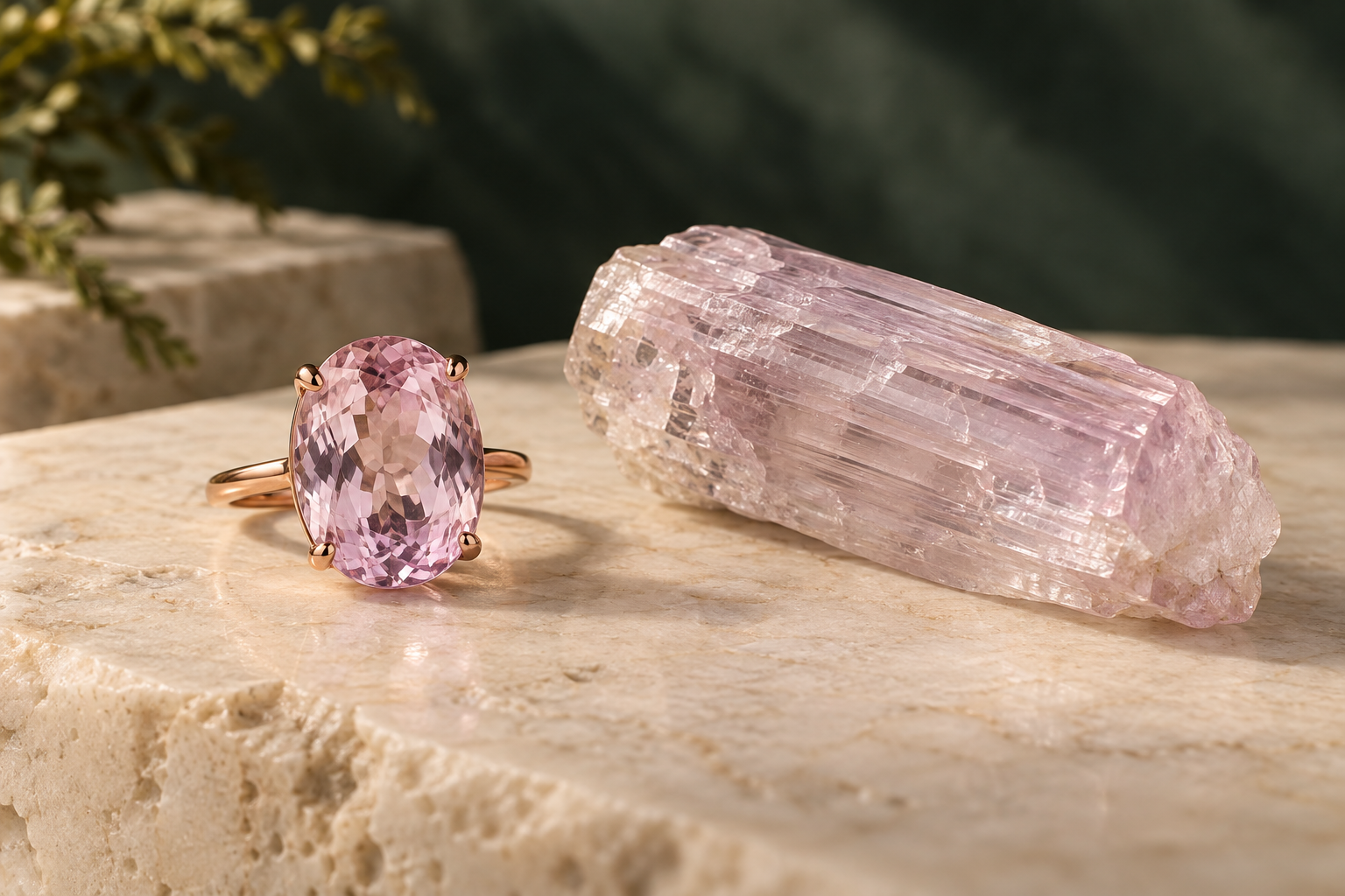 Pale pink kunzite ring beside an elongated spodumene crystal