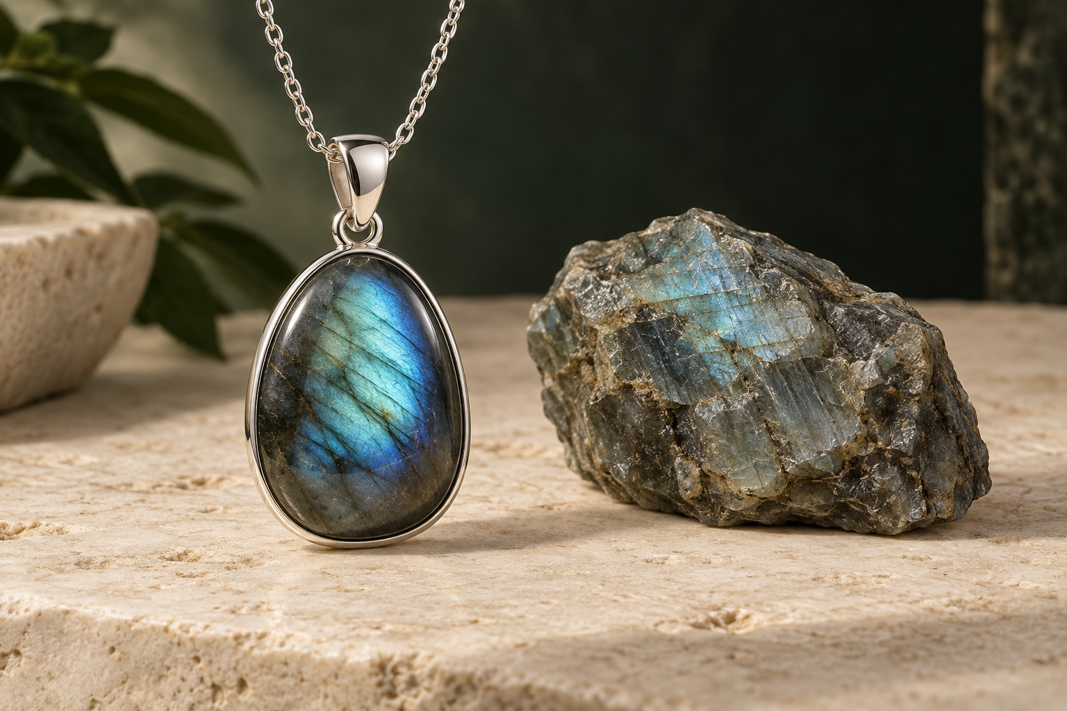Labradorite pendant showing blue-green labradorescence beside rough feldspar